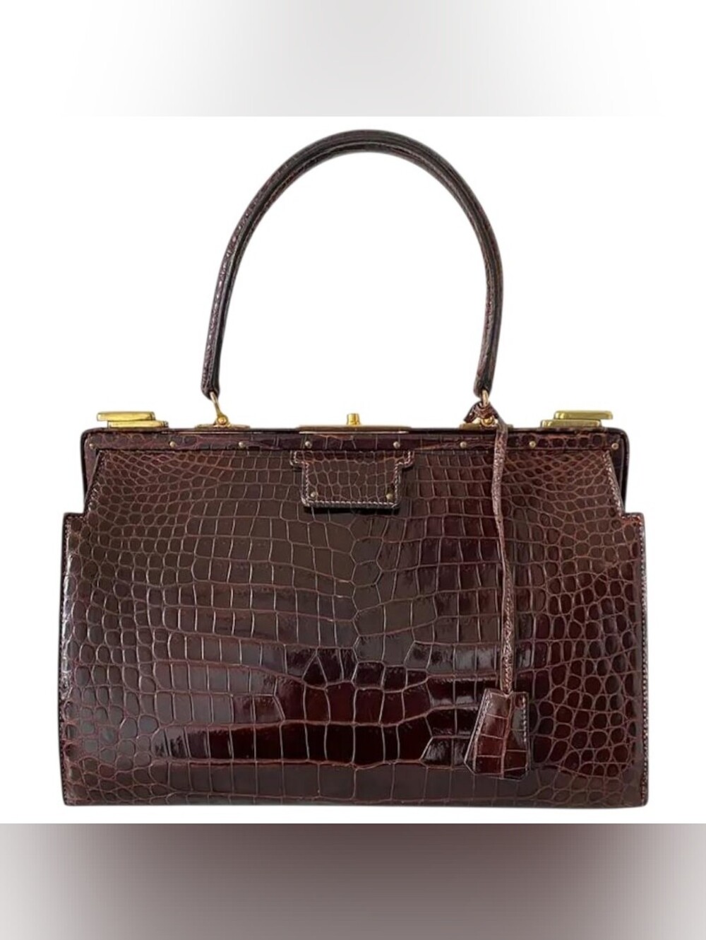 HERMES Authentic RARE🔥 Croc-Embossed Leather Top-Handle Bag in Dark Brown
